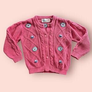 Vtg Cardigan Sweater Cottagecore Grandma Garden Floral Pink Knit Girls Kids L 10